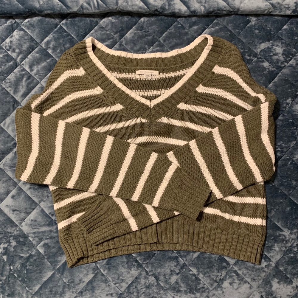 American Eagle V-Neck Striped Crop Sweater